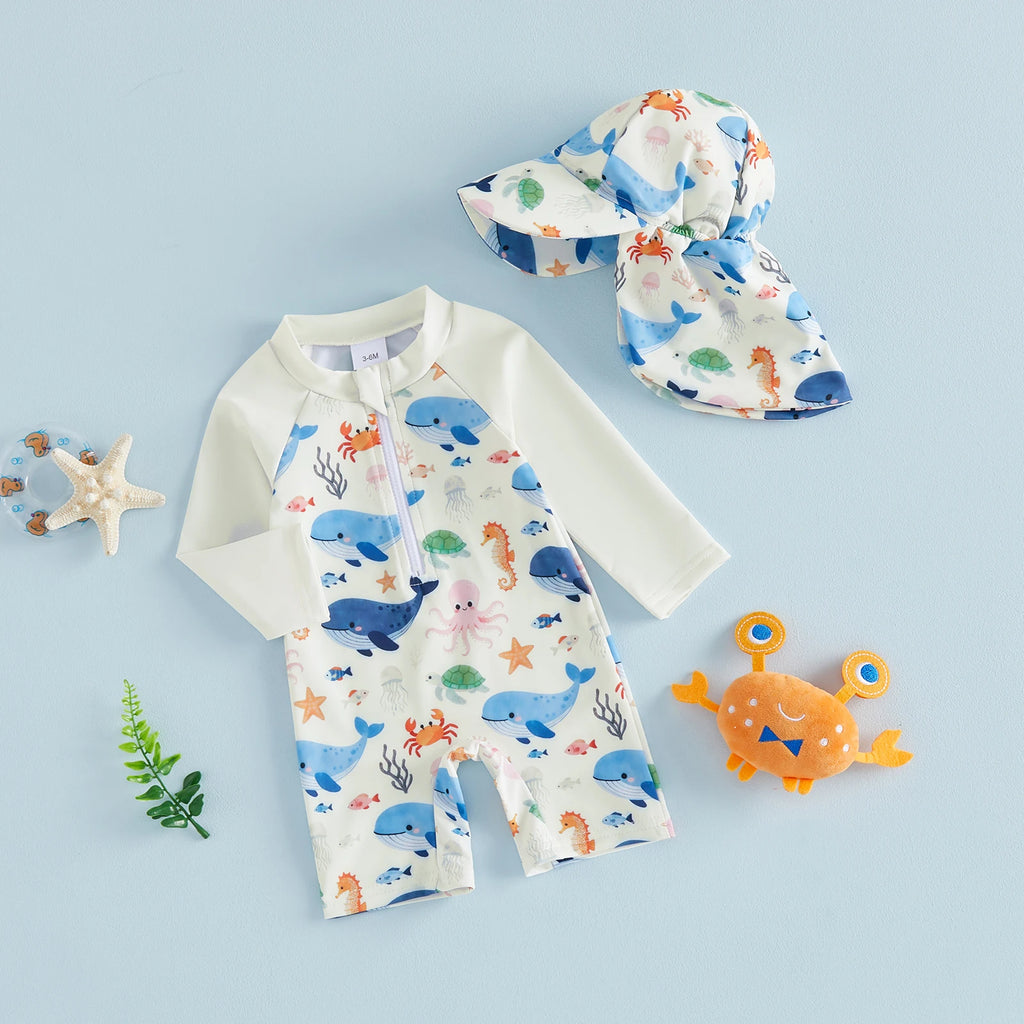 Summer Toddler Kids Baby Boys Swimsuits Long Sleeve Animal Print Rash Guard Jumpsuits with Hats Swimwear Beachwear