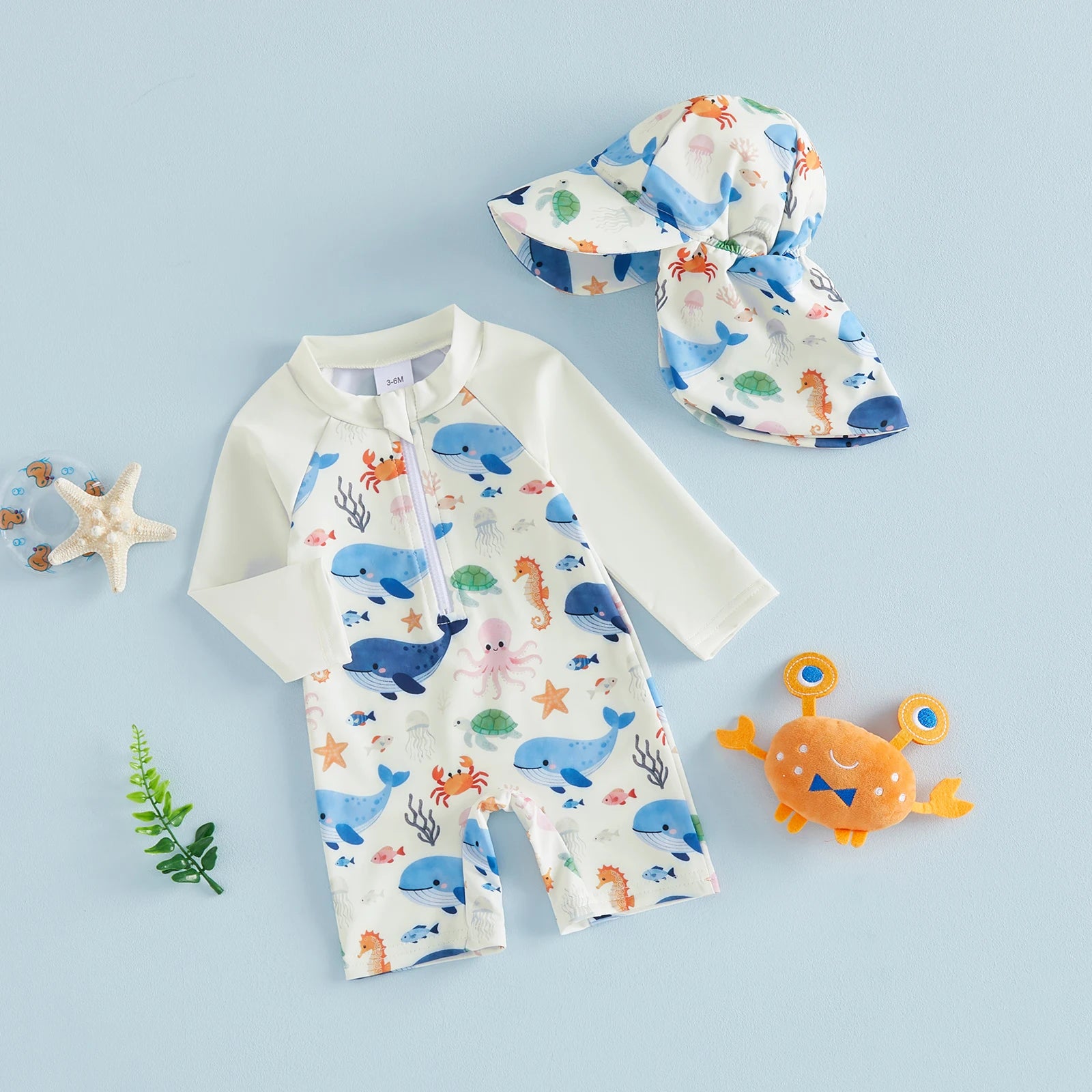 Summer Toddler Kids Baby Boys Swimsuits Long Sleeve Animal Print Rash Guard Jumpsuits with Hats Swimwear Beachwear