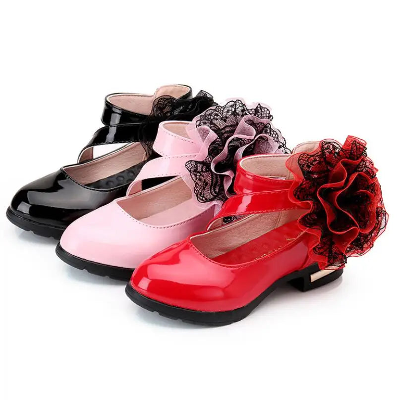 Girls Leather Shoes for Party Wedding Kids Performance Shoes with Butterfly-knot Fashion Children High Heels Rhinestone Shoes