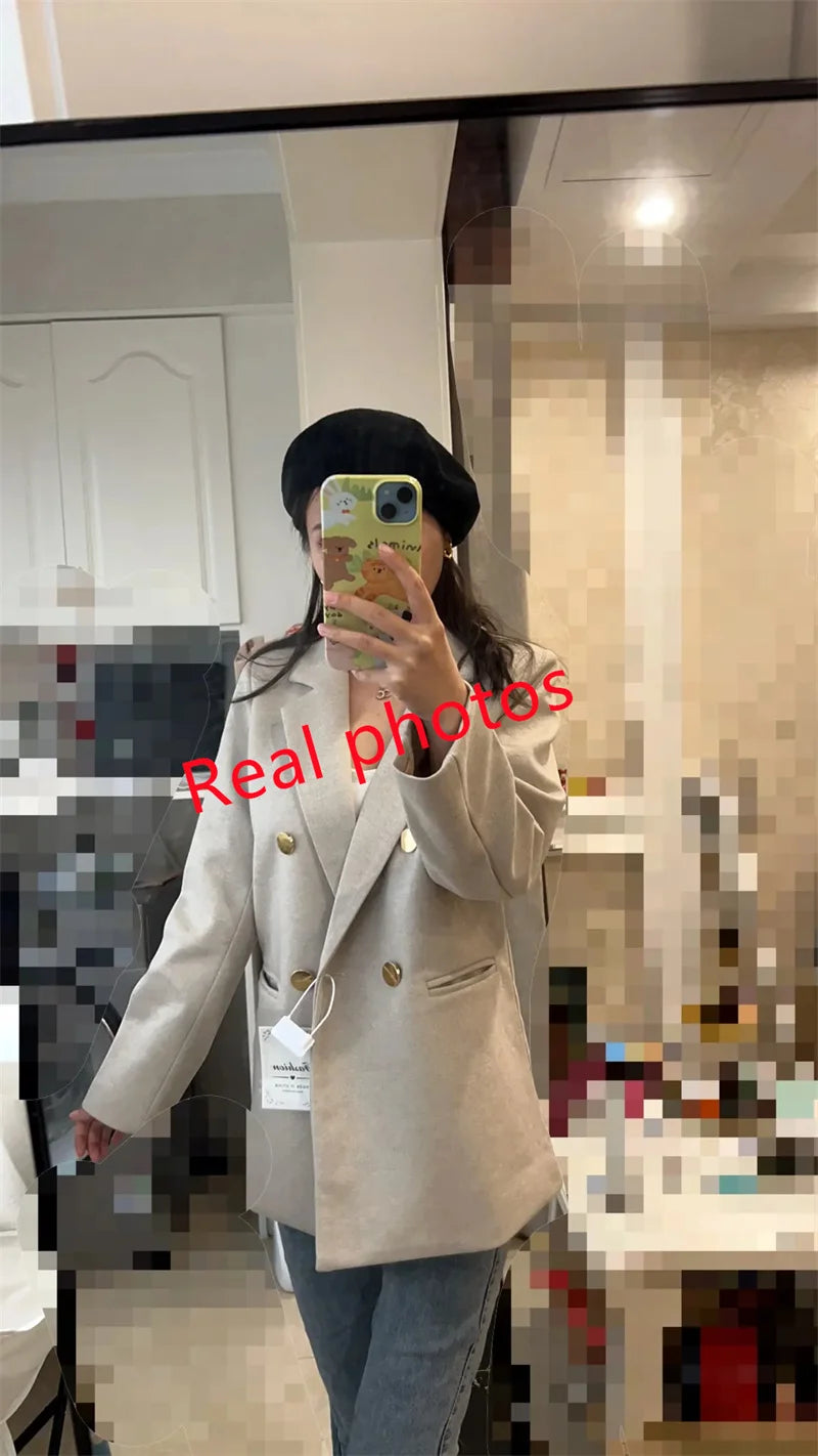 Fashion Woolen Suit Jacket Women's Vintage Blazers Double-breasted Office Coat Female Casual Outerwear Spring Autumn Streetwear