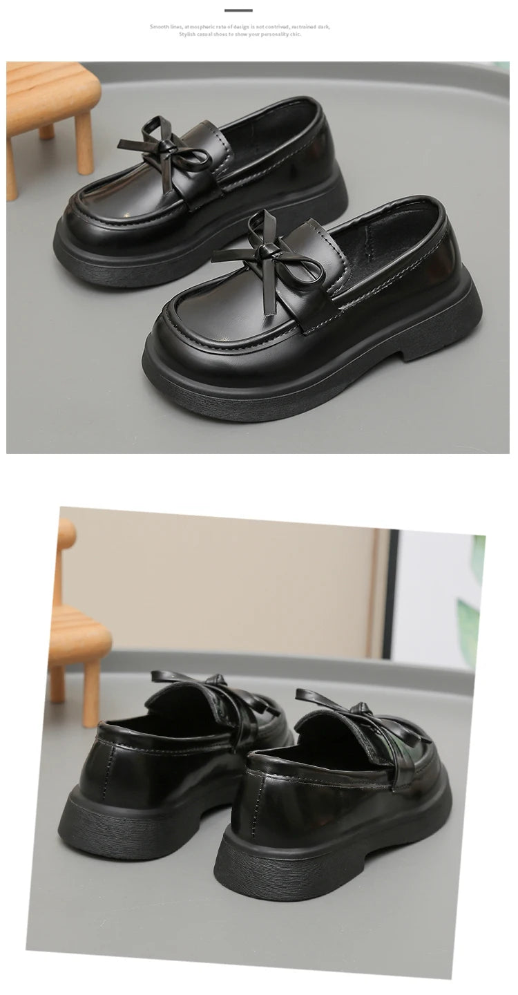 Girls Leather Shoes for Students School Uniform Shoes Black Matte 2025 New Fashion Children Flat Shoes Simple Bows Soft Sole