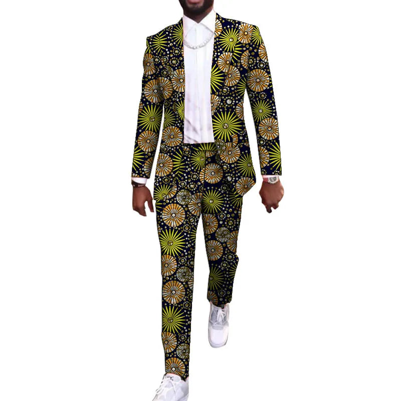 African Party Suit Men Blazers+Trousers Original Design Colorful Print Nigerian Outfits Tailor Made Male Wedding Wear