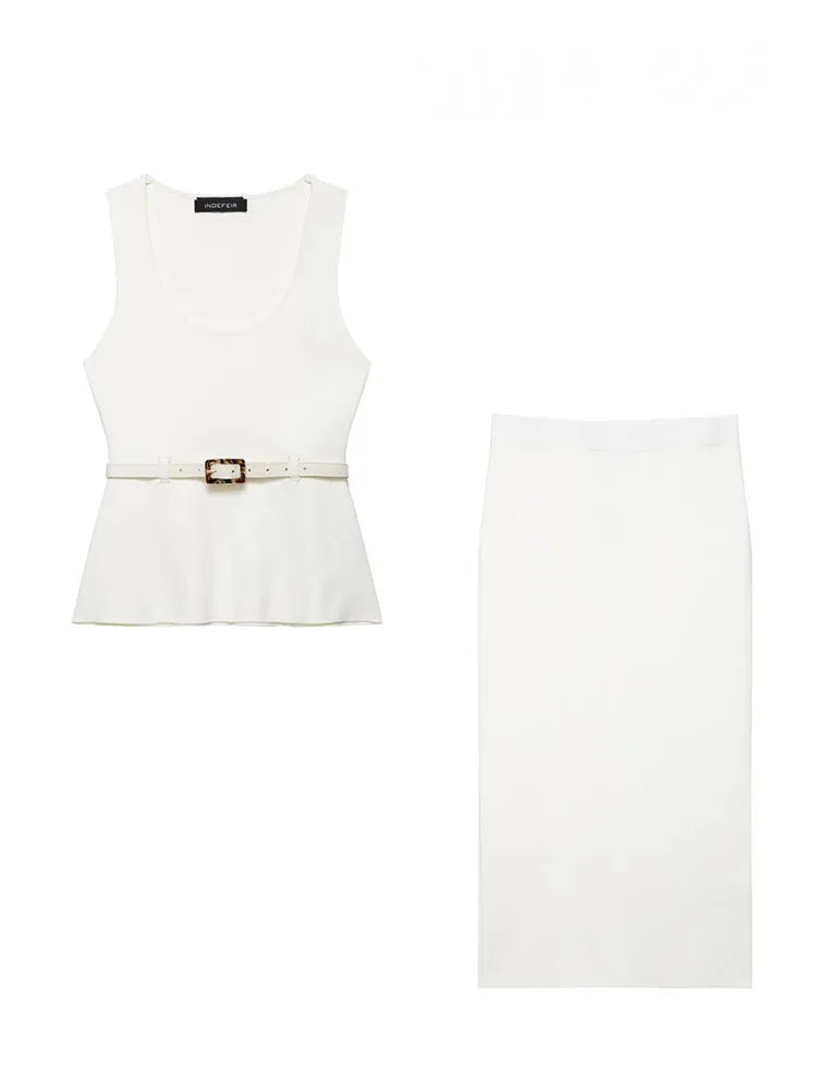 HH Women's Skirt Set Chic Sleeveless O-Neck Belt Decoration Solid Knitted Vest Top+Fashion Elastic Waist Hem Slit Midi Skirt