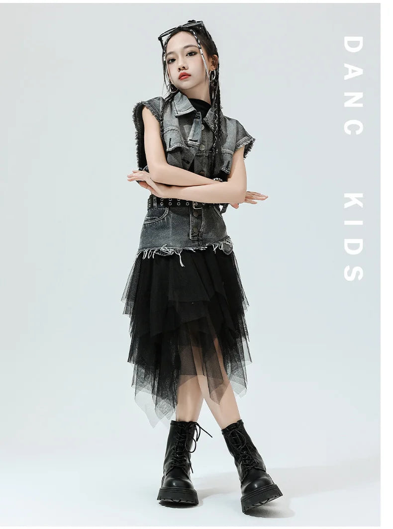 Girls Hip Hop Clothing Denim Sleeveless Jacket Vest Top Street Patchwork Mesh Skirt for Kids Jazz Dance Costume Clothes
