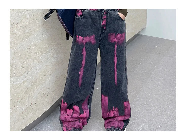 Kids Jeans for Girls Fashion Graffiti Dyeing 2025 Spring Autumn Hot Sales Teenager Unique Wide Leg Pants Korean Style Trousers