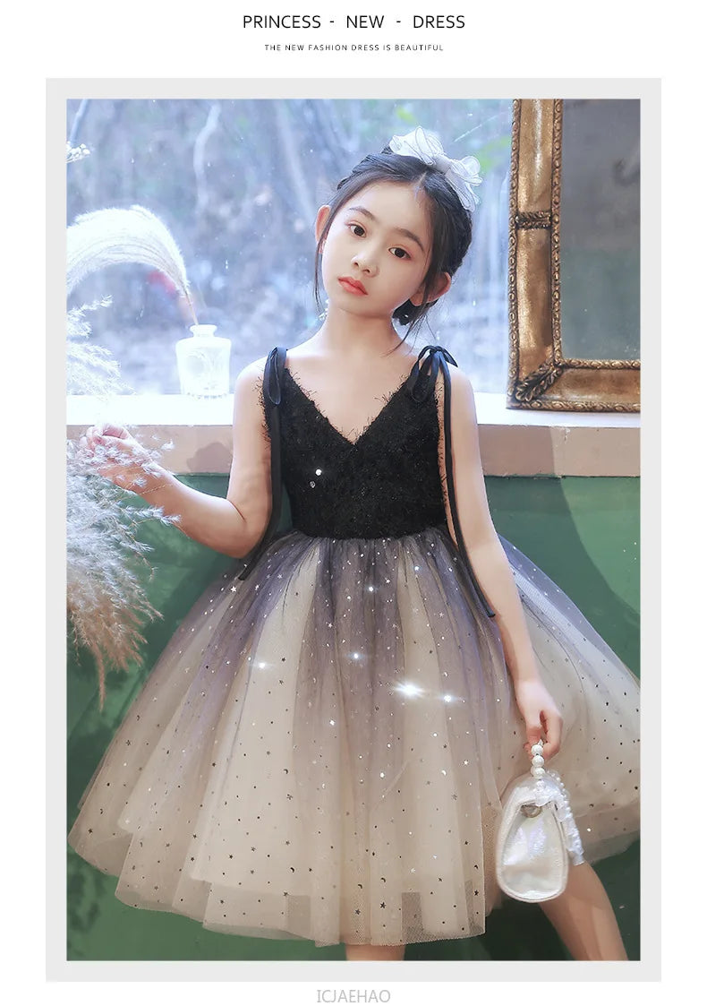 Teen Girl Clothes New Girls Strappy Tie Princess Dress Casual Fashion Kids School Event Host Gown Daily Wear Party Outfit Summer