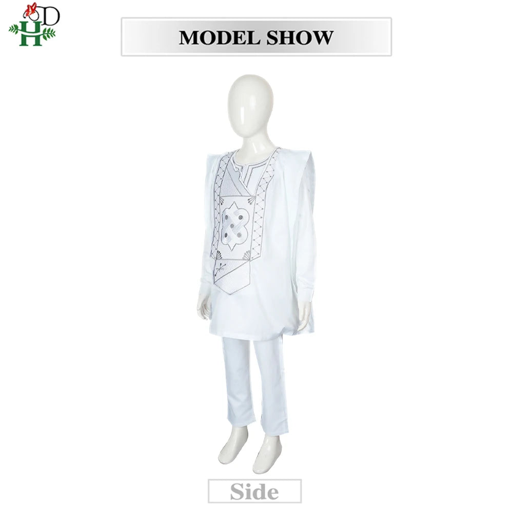 2025 New African Traditional Clothes For Kids Boy White Blue 3 PCS Set Long Sleeve Tops Embroidery Dashiki Robe Shirt Pant Child