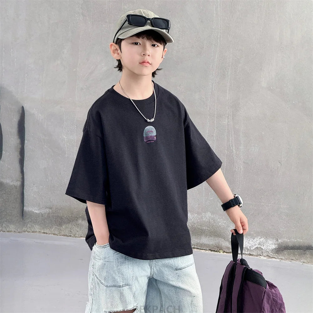 New Summer High Quality Teenage Children Short Sleeve Cotton T-shirt for a Boy Casual Tee Tops Kids Elegant Luxury Tshirt Wear