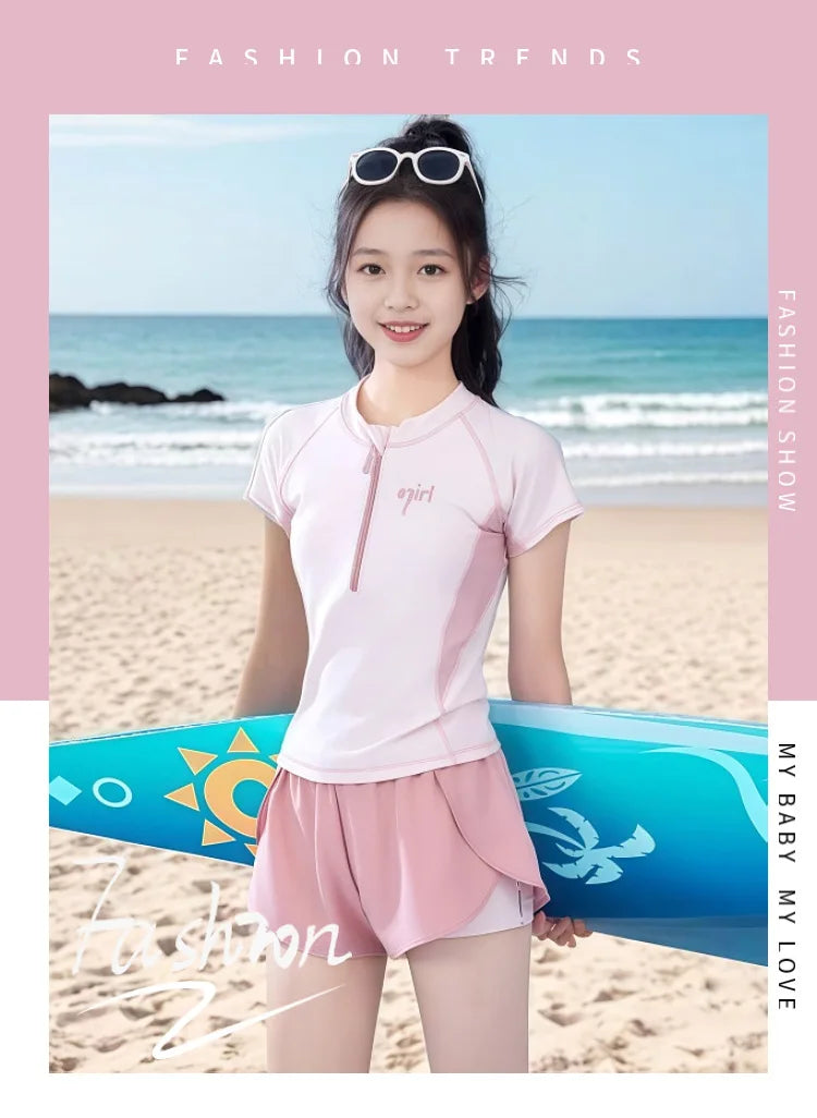 Summer New Girls Swimwear Teen Conservative Two Piece Sports Swimsuit for Developing Youth