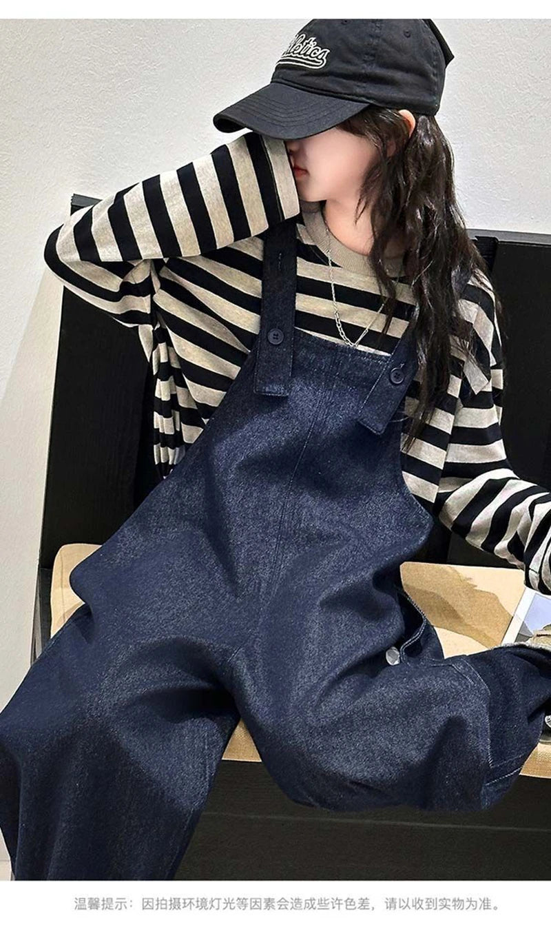 Girls 2 Piece Outfit Korean Style Kids Striped Long Sleeve T-shirt + Loose Denim Overalls Set Spring Autumn Children's Clothing