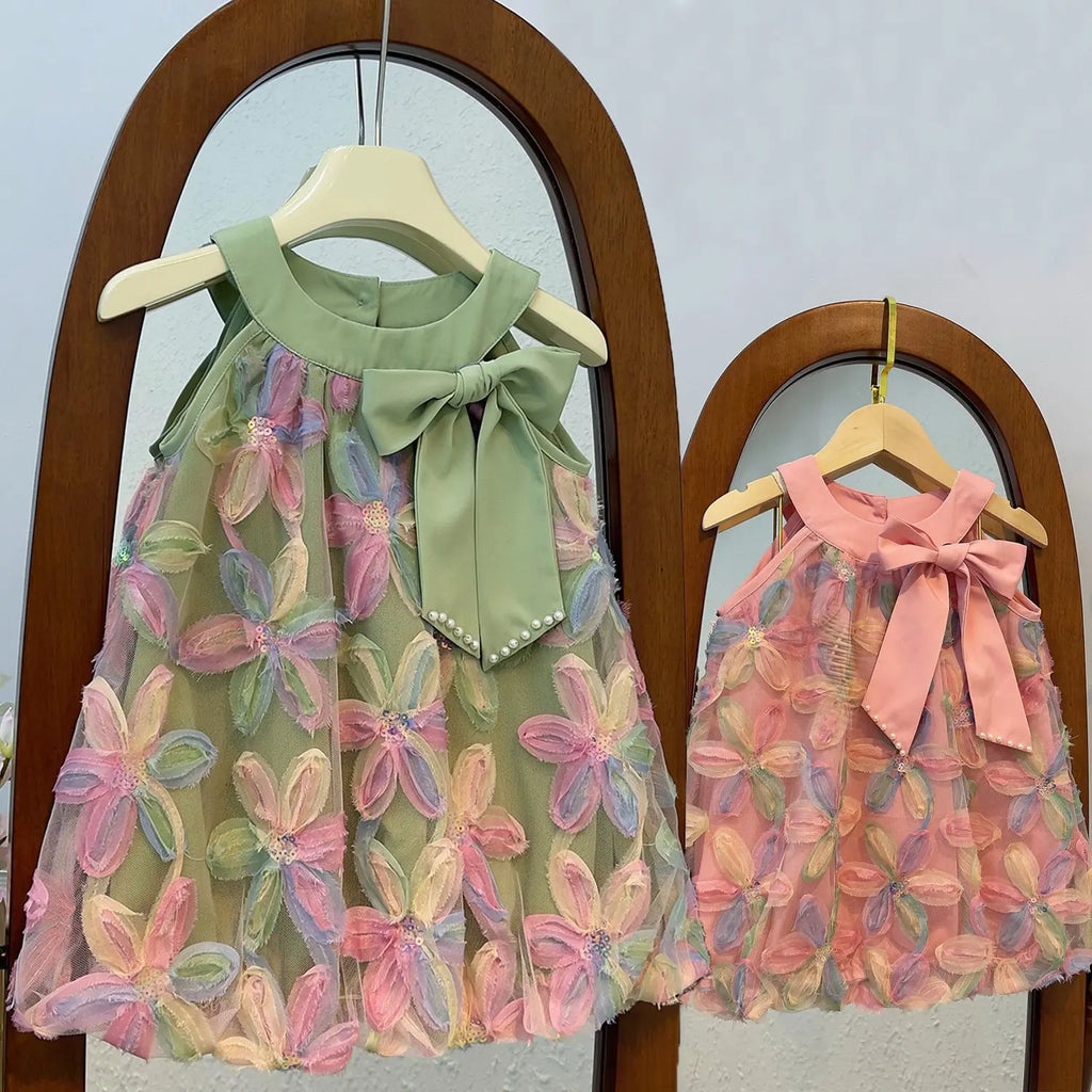 Summer Girls Dresses Children Clothes Sleeveless Round Neck Mesh Big Bow Princess Dress Kids Rainbow Flower Tutu Holiday Dress