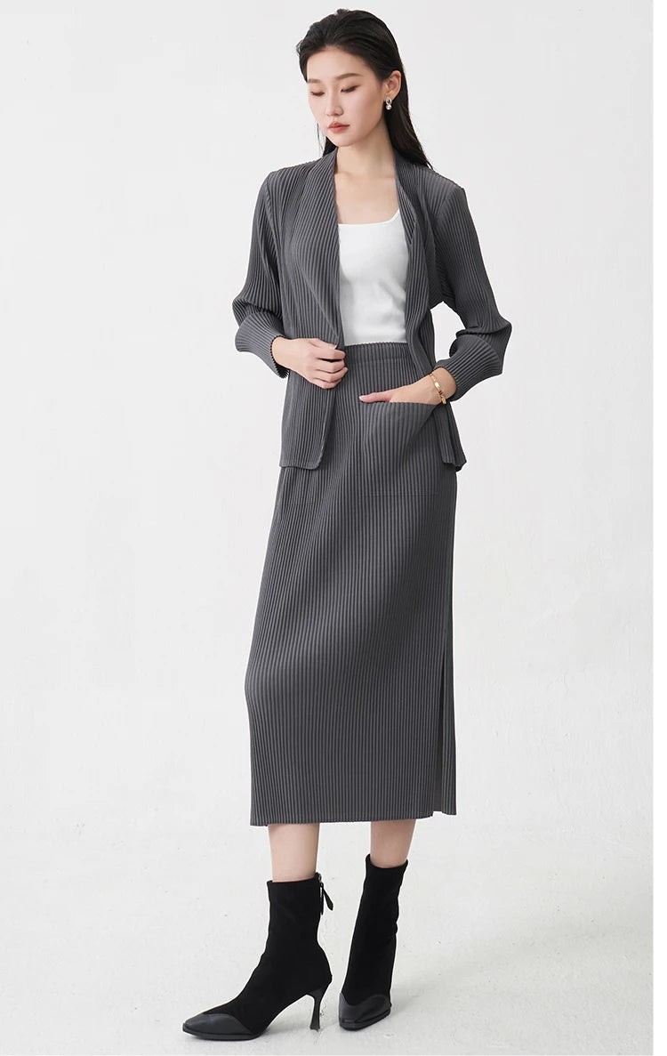 Fast Shipping Women's Fashion Set High Quality Top and Skirt Two Piece Office Set Miyake Pleated Set