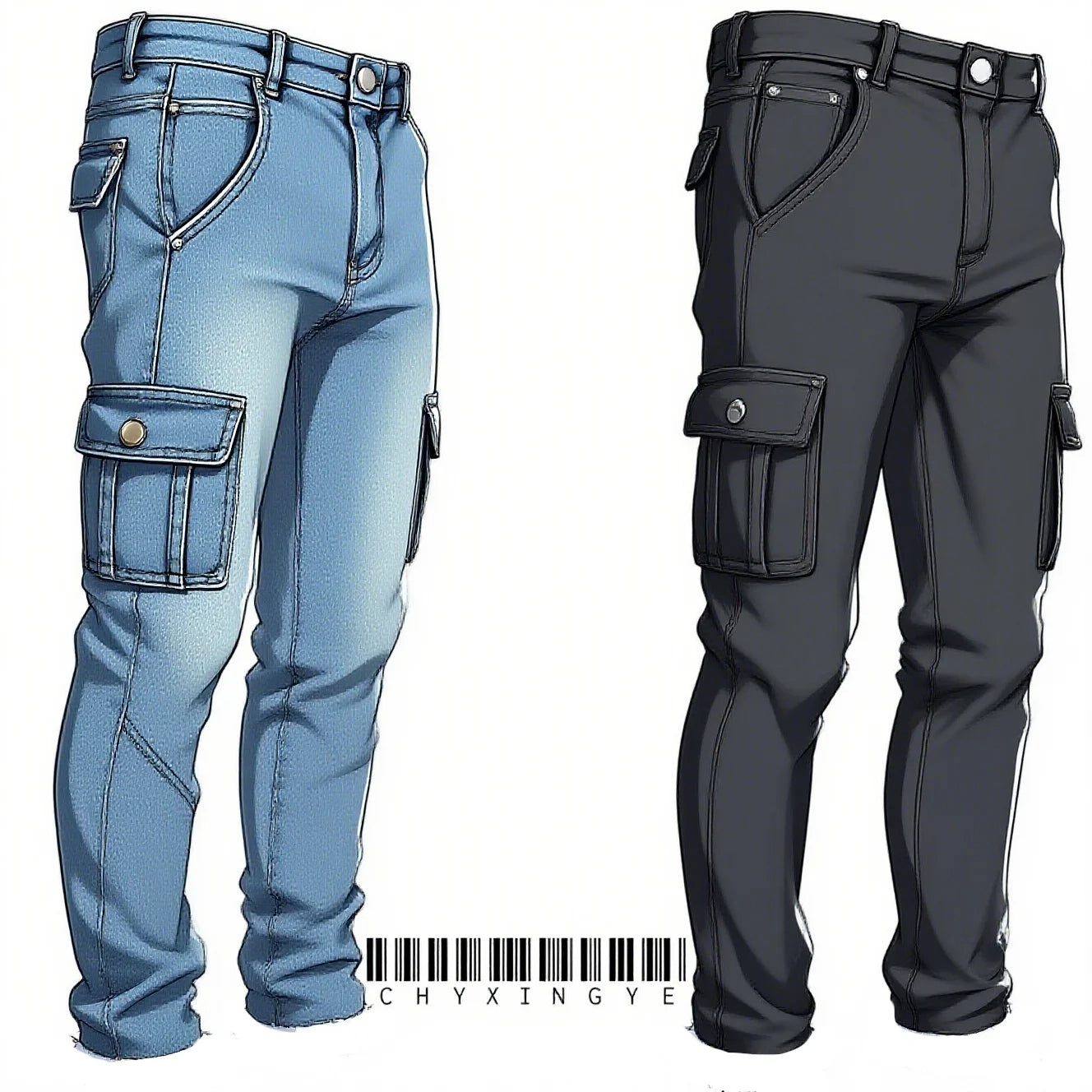 Men's street elastic workwear jeans washed solid color multi pocket casual mid waist pants slim fit daily wear jogging pants