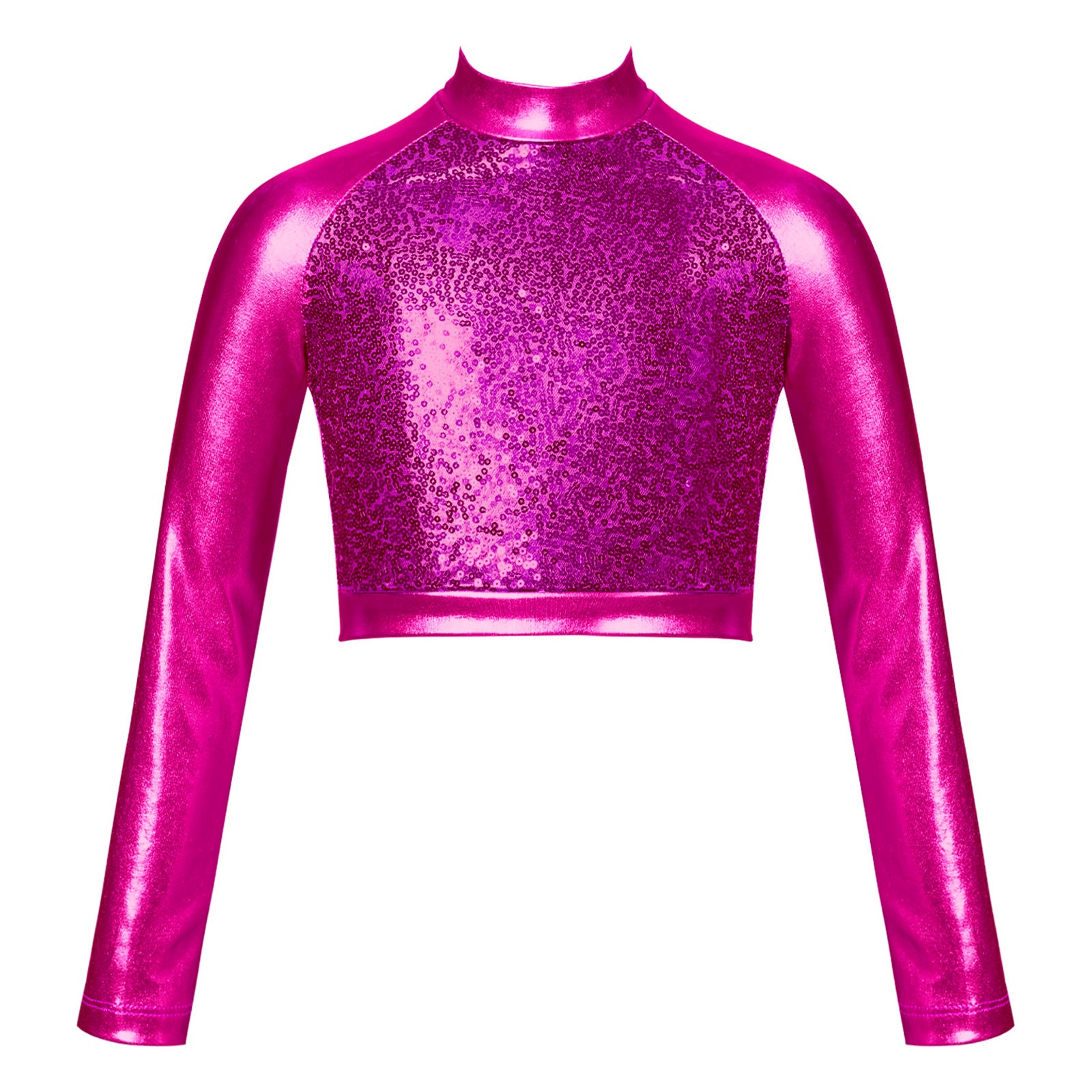 Kids Girls Shiny Metallic Crop Top Mock Neck Long Sleeve Front Sequin Fully Lined Athletic T-Shirts Jazz Hip-hop Dance Tops