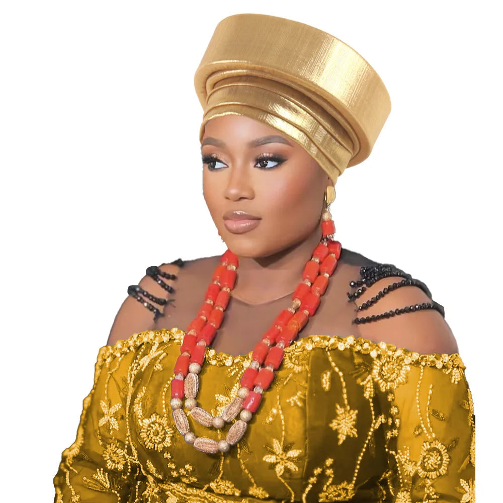 Already Made African Headtie Turban Cap Nigeria Party Headgear Female Head Wraps Pleated Auto Gele Cap Headpiece 2025