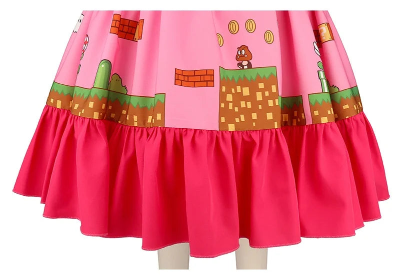 Kids Girls Summer Dresses Short Sleeve Print Costume New Movie Peach Princess Cosplay Dress Children Party Dress Birthday Gift