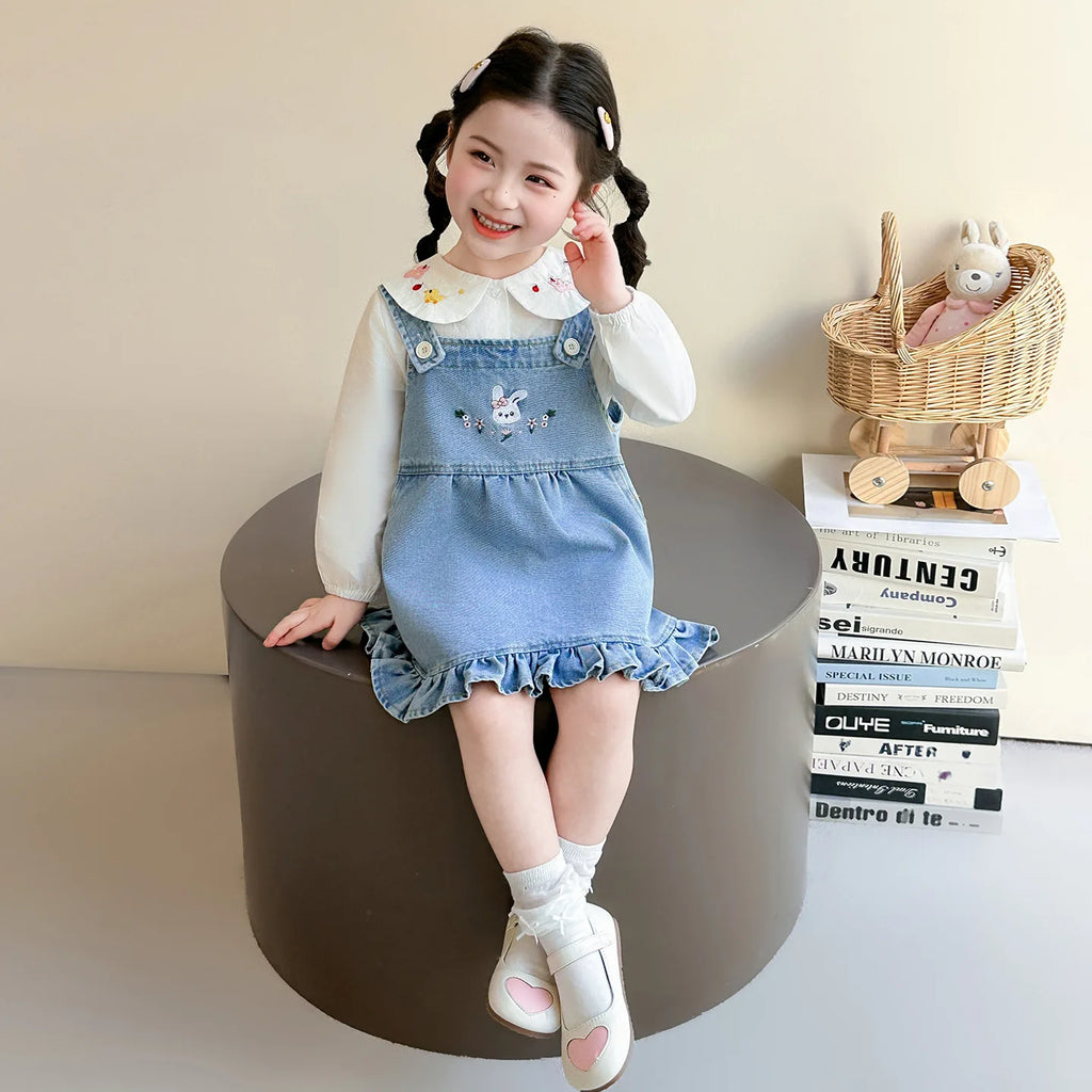 Girls Shirt Set Spring 2026 New Foreign Style Two-piece Set Baby Denim Strap Skirt