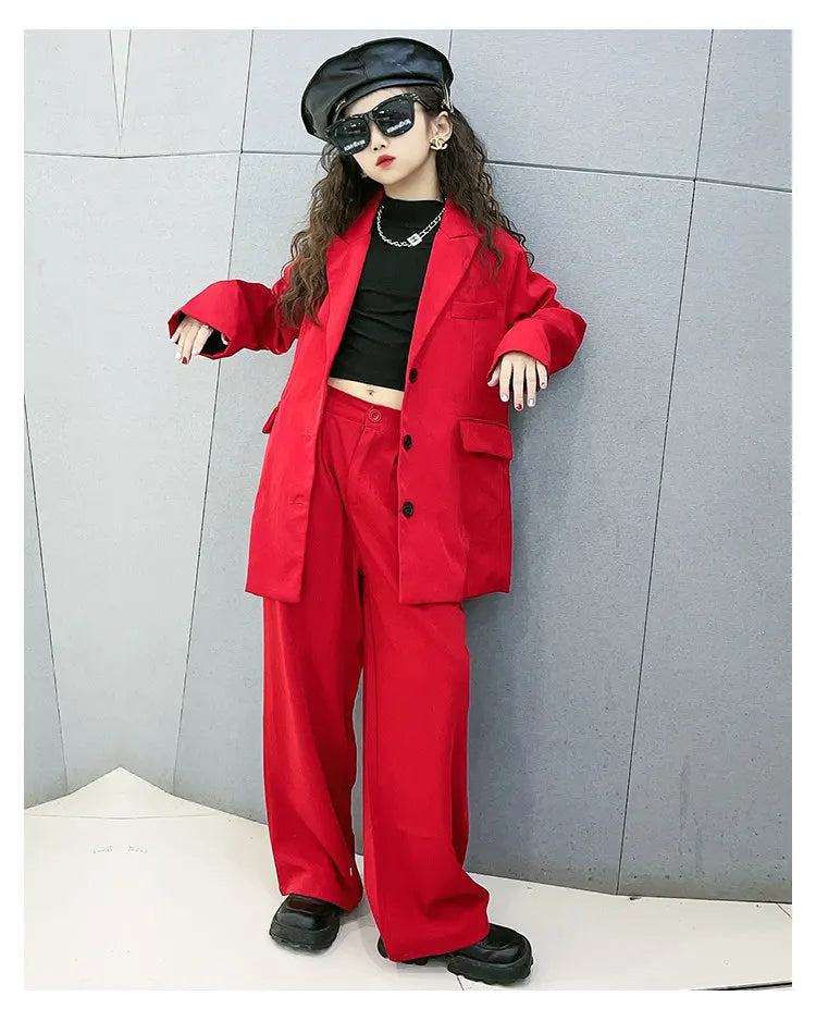 Girls Red Blazer Suits Clothing Sets Spring Autumn Kids Jackets+Pants Fashion Loose Formal Teenager Casual Outfits 5-14Years Old