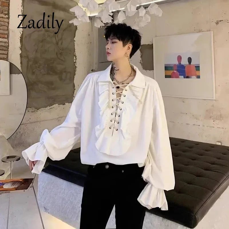 2025 New Women Pirate Shirt Vampire Prince Poet Shirts Medieval Buccaneer Frills Lace Up Renaissance Vintage Gothic Blouse Tops