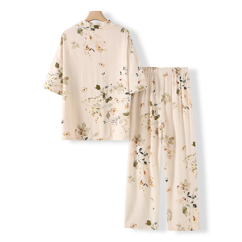 Elegant Versatile Floral Shirt & Shorts/Pants Set Women French Style Silky Viscose Loungewear 2Pcs Summer Pajamas Outerwear Top