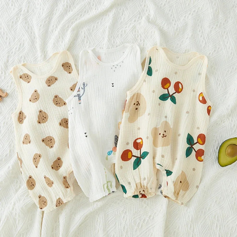 Summer Baby Girls Romper Cartoon Bear Newborn Jumpsuits Infant Sleeveless Muslin Clothing for Boys Printed Outfits