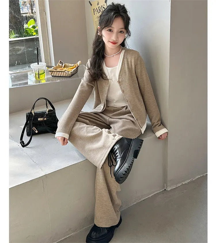 Korea Style Girls Casual Clothing Sets Single Button V-Neck Fake Splice Top and Pants Two Pieces Grey Khaki Kids Teenage Outfits