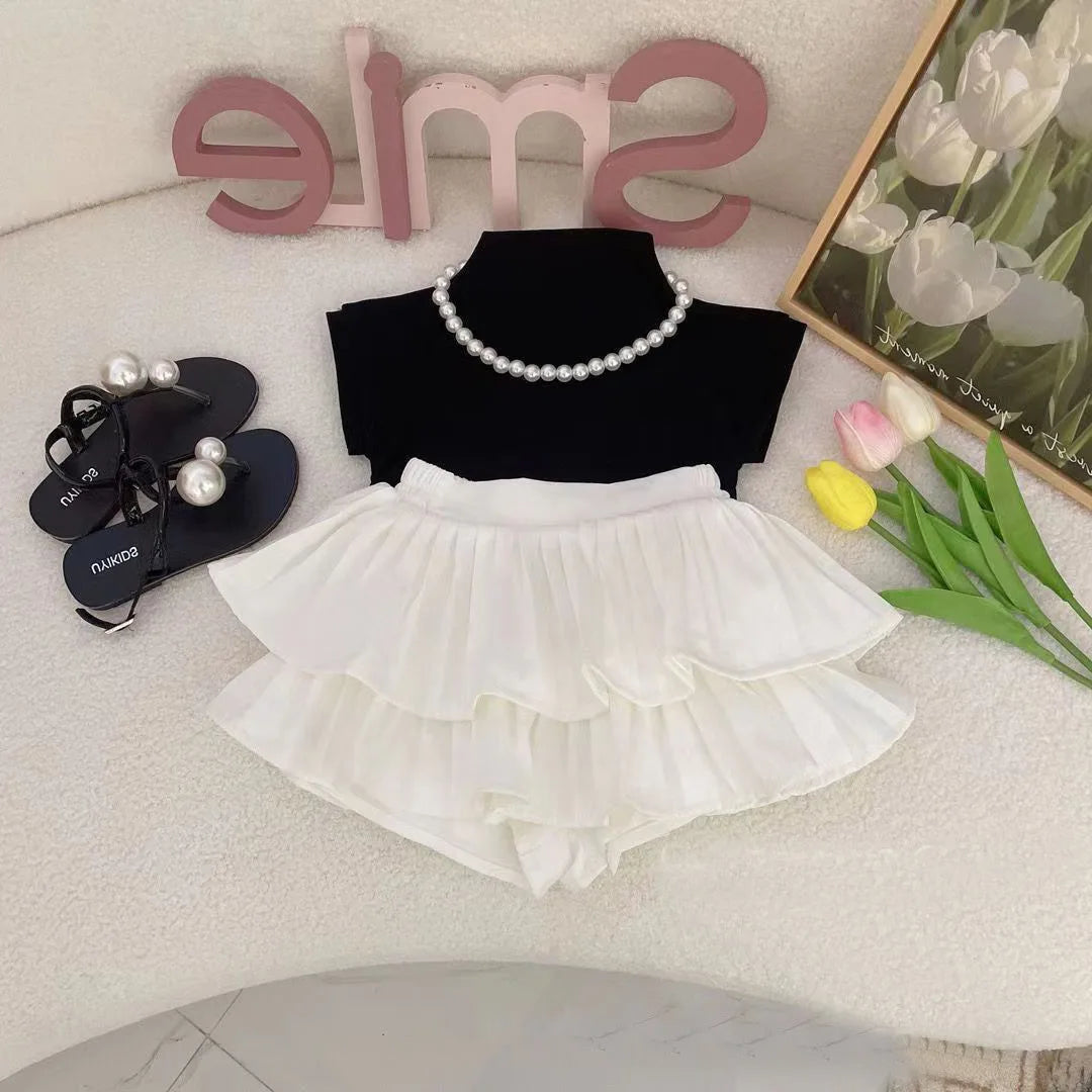 Girls Set 2024 New Girls Summer Short Sleeved Pleated Skirt Two Piece Set Girls Summer Lovely Princess Clothes