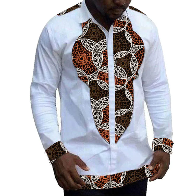 Nigerian Fashion White Men's Shirts Modern Design Casual Shirt Patchwork Long Sleeved Lapel Top African Couture Party Wear