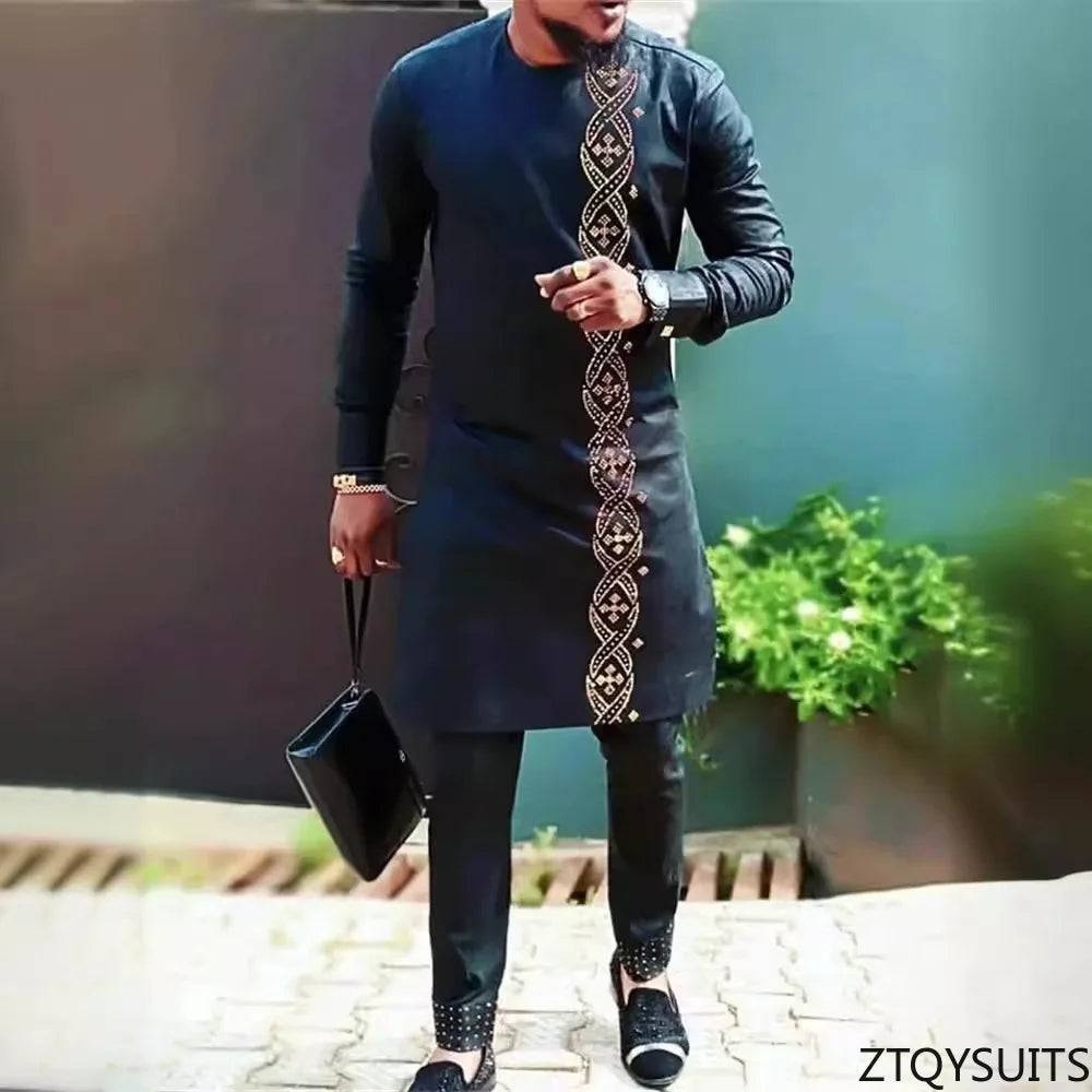 2 Piece African Clothes for Men Spring Fashion African Long Sleeve Top Long Pant Matching Sets Outfits Dashiki African Clothing