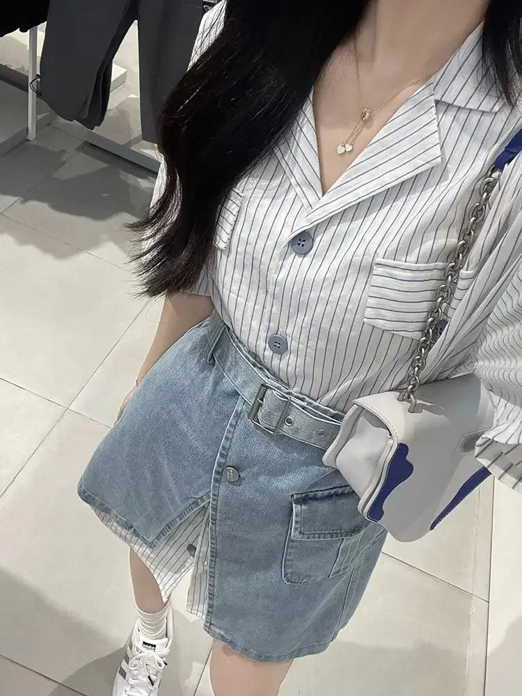 Short Sleeve Mature Skirt Women's Two Piece Set Slit Denim Y2k Clothes Formal Event New in The Same Stylish Full Female Outfits