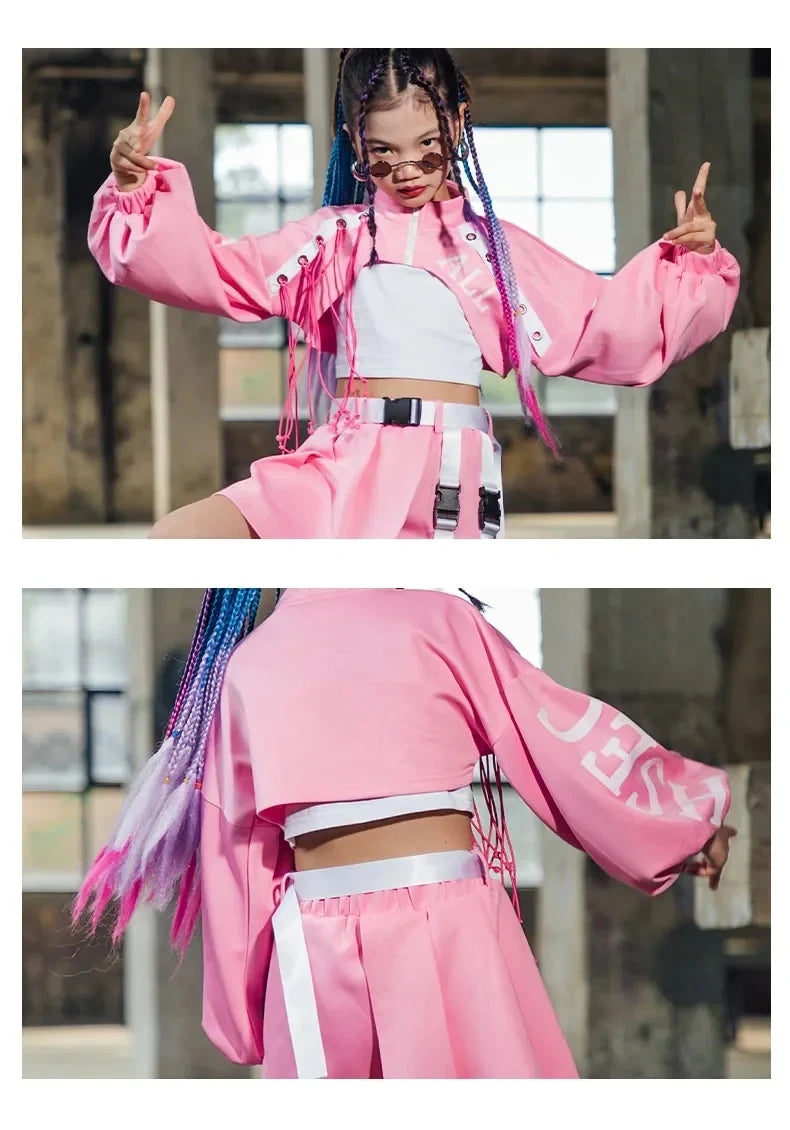 Kid Girl Jazz Dance Costume Children Street Hip Hop Dance Jazz Kpop Dance Costume for Girls Pink Outfit Streetwear Clothes Sets