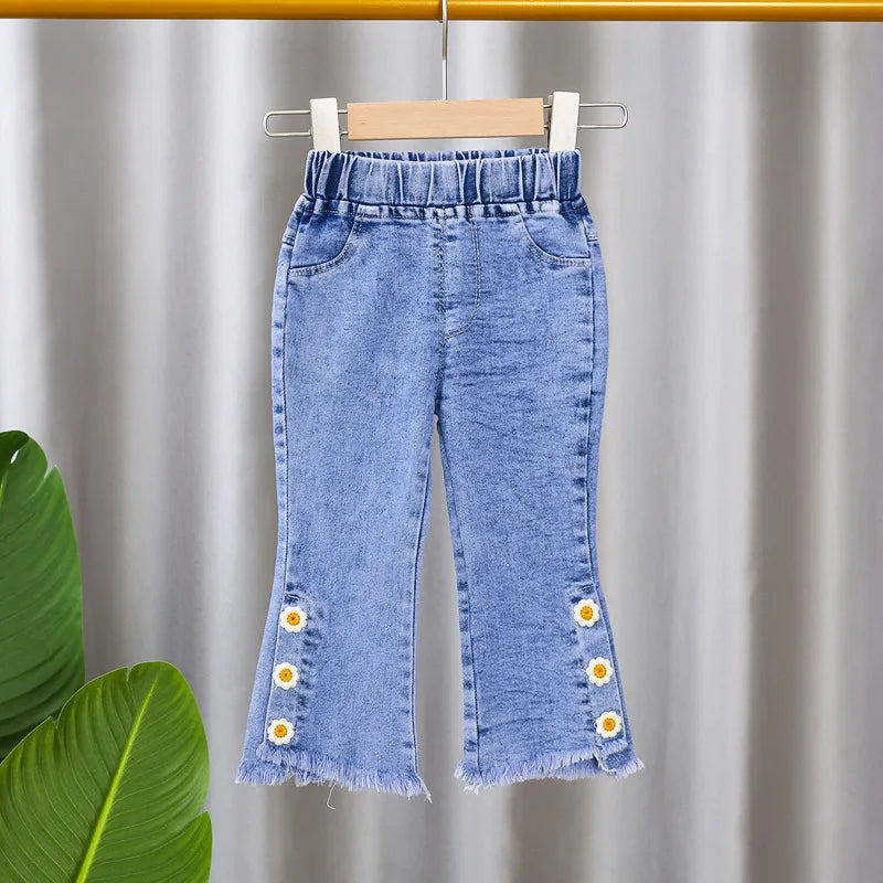 Jeans for Kids Girls Trousers Spring Autumn 2023 New Bow Bell-bottomed Stretch Princess pants for children Girl Denim Pants