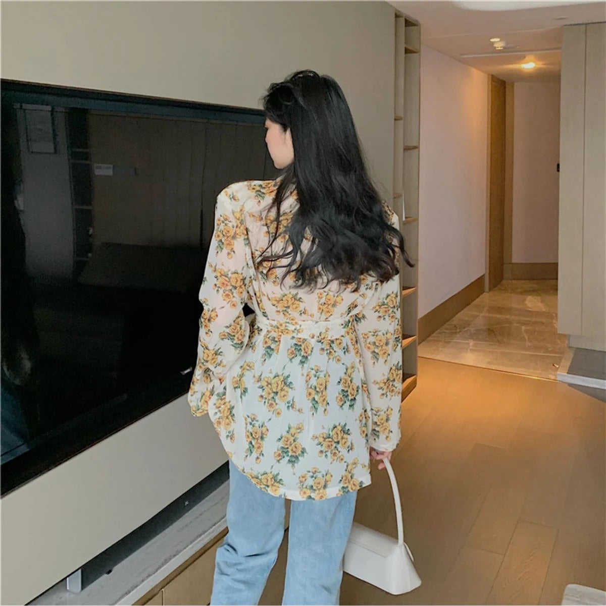Women's Shirts And Blouses Button Up Top For Woman With Bow Clothing Floral Loose Sleeves Y2k Elegant Youth Xxl Stylish M