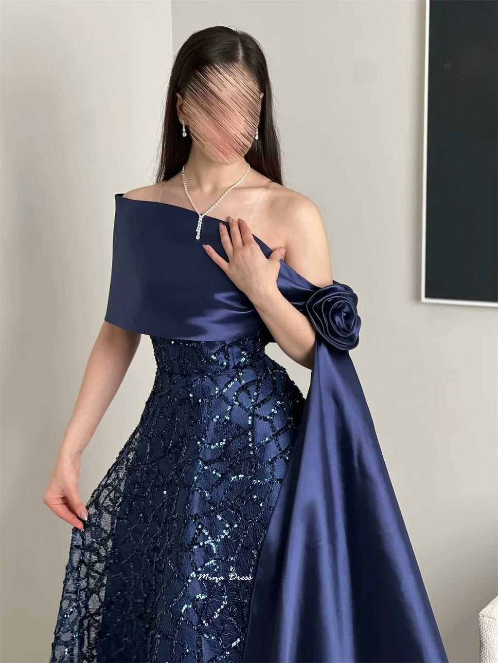 Mina Customized Navy Blue Luxurious Women's Evening Dresses for Formal Occasions Beads Flowers Sequins. Elegant Party Dress Prom