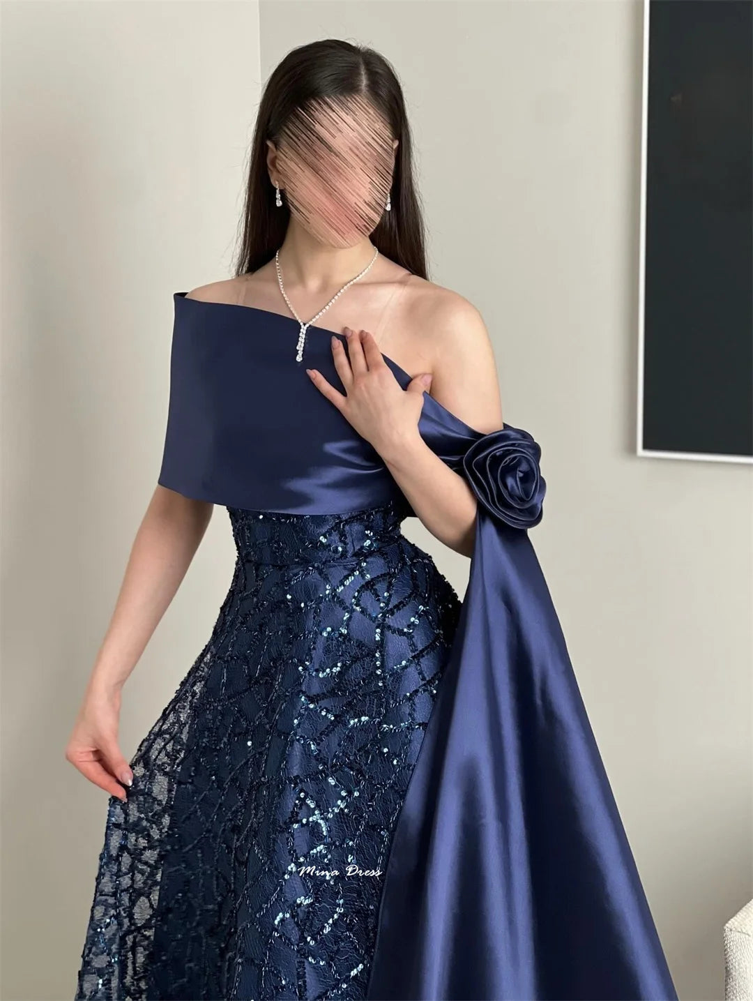 Mina Customized Navy Blue Luxurious Women's Evening Dresses for Formal Occasions Beads Flowers Sequins. Elegant Party Dress Prom