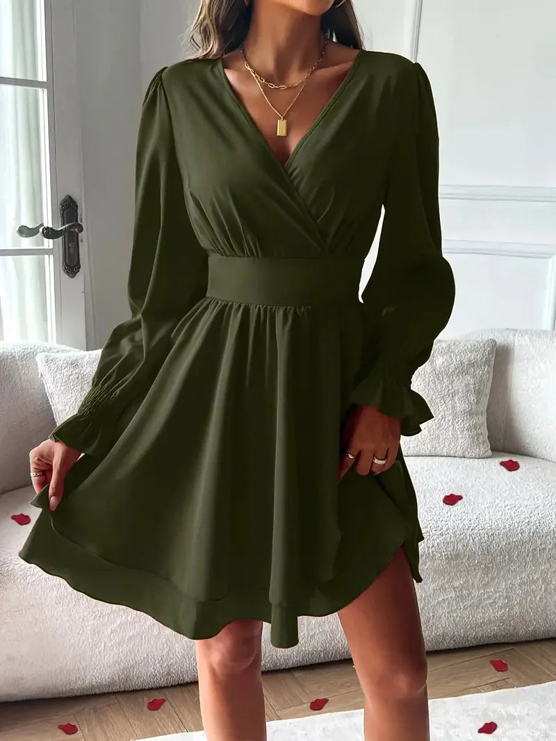 Summer New Dresses 2026 Woman Clothing V-Neck Lantern Sleeve Wrap Mini Dress Ruched Waisted Dress Elegant for Spring Party Dress