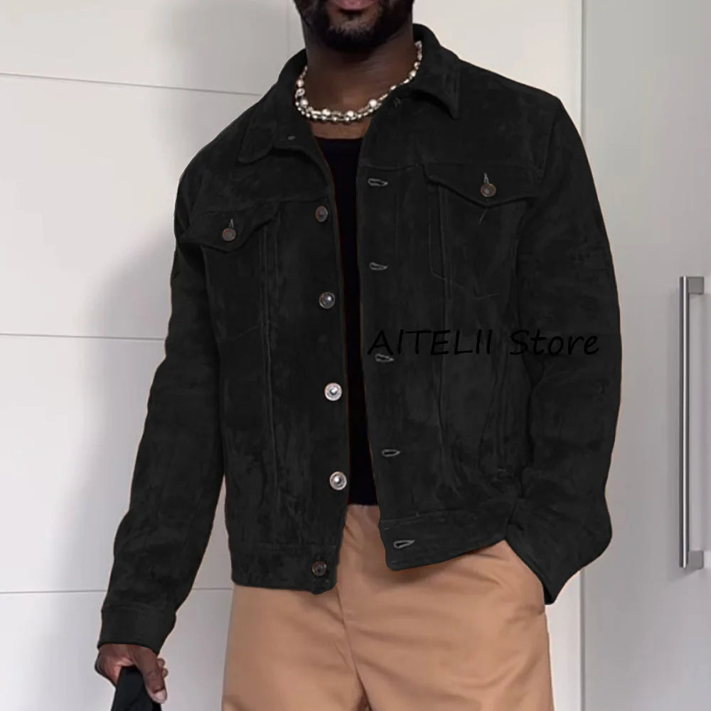 Men's Jacket Streetwear Jackets for Man Single-breasted Suede Fabric Fashion Suit Chest Button Pockets Lapel Casual Suits Blaz