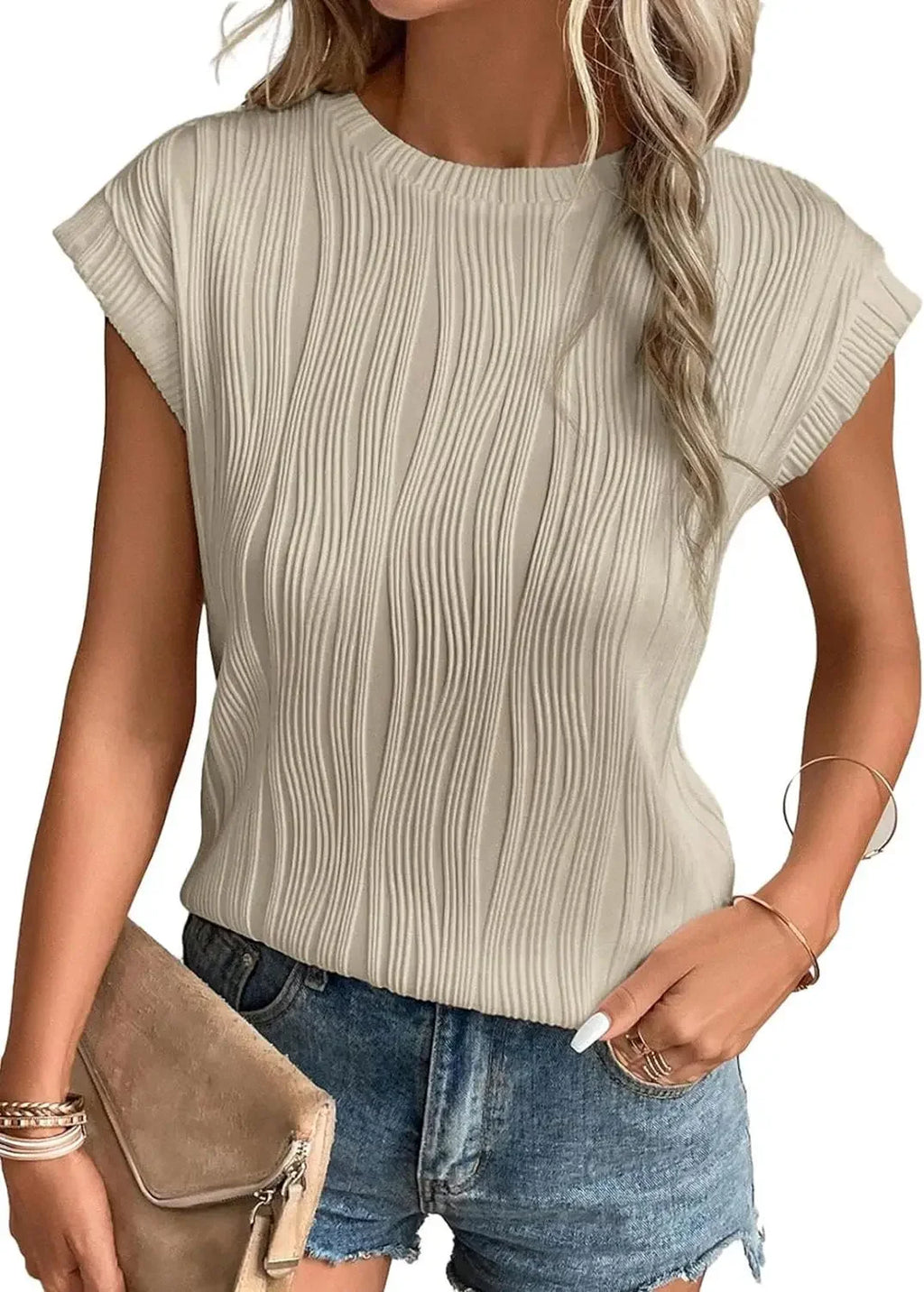 2025 Summer New Womens t-shirt Short Sleeve Textured Tops Crewneck Knit Solid Loose Casual Basic T Shirts Tee Blouses