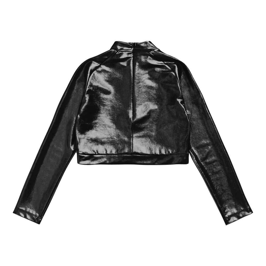 Kids Girls Shiny Metallic Crop Top Mock Neck Long Sleeve Front Sequin Fully Lined Athletic T-Shirts Jazz Hip-hop Dance Tops