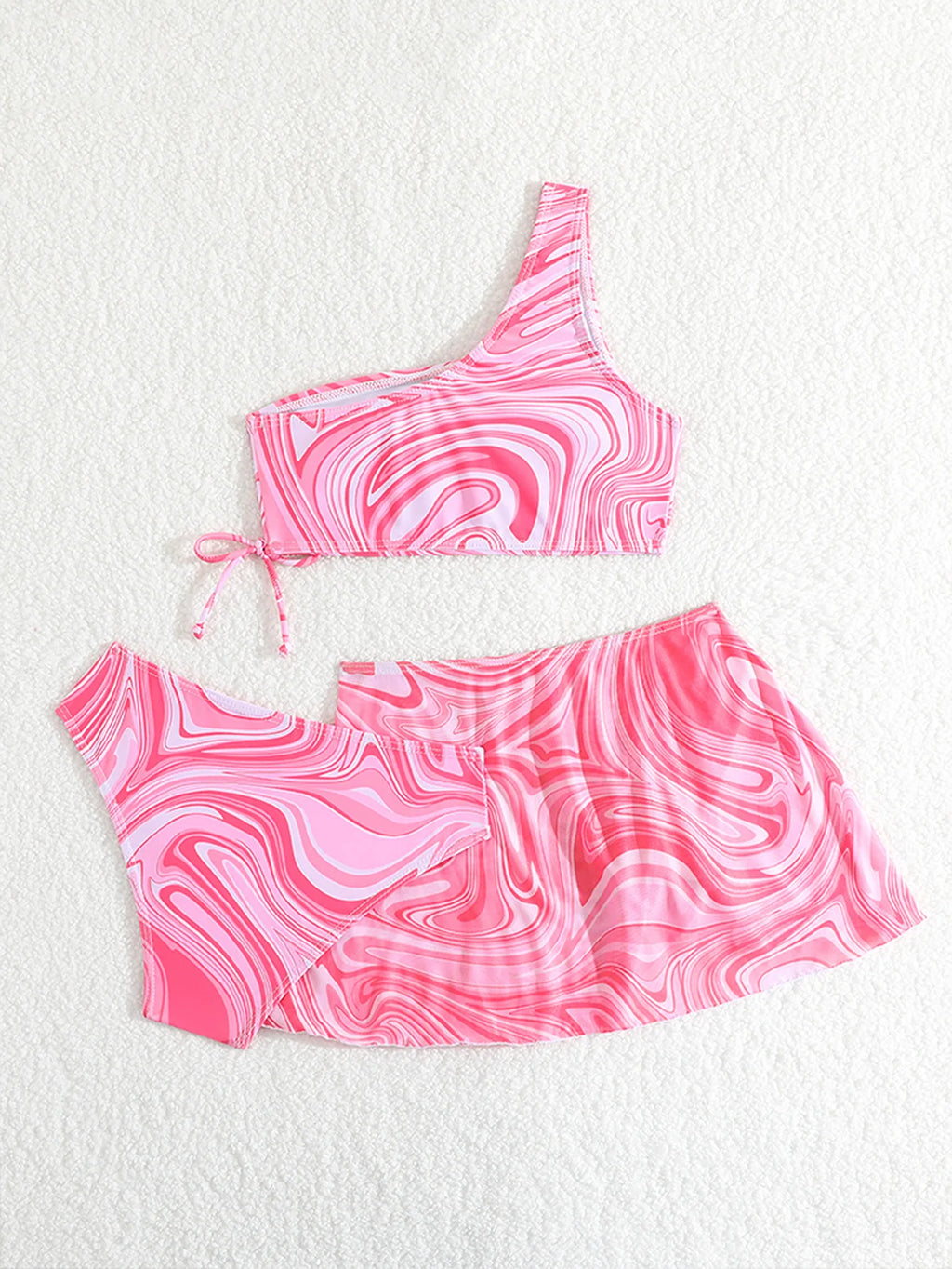 Girls 3pack Ripple Print One Shoulder High Waist Bikini Kids Swimsuit 7-12 Years Children's Swimwear Teens Bathing Suit Pink