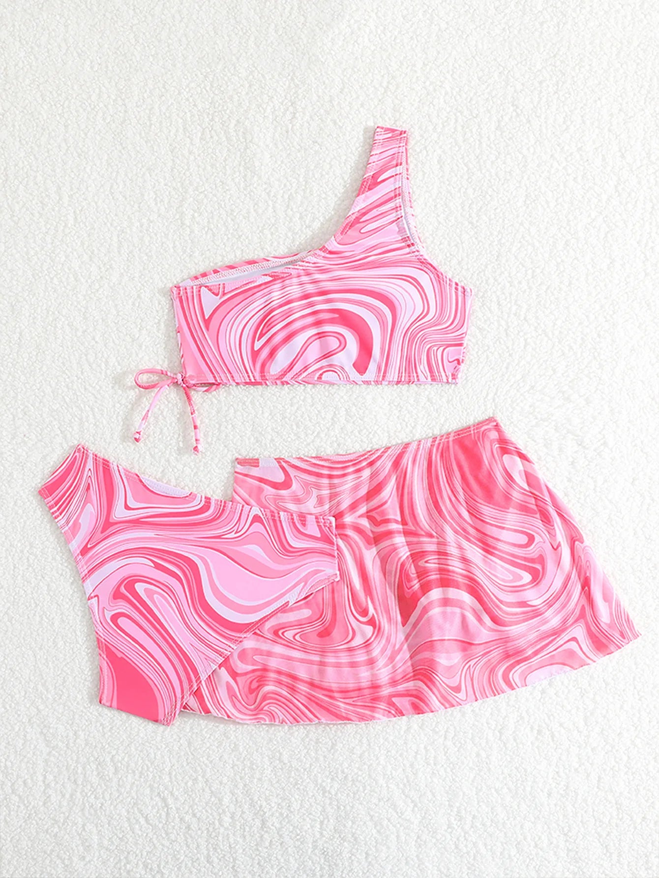 Girls 3pack Ripple Print One Shoulder High Waist Bikini Kids Swimsuit 7-12 Years Children's Swimwear Teens Bathing Suit Pink