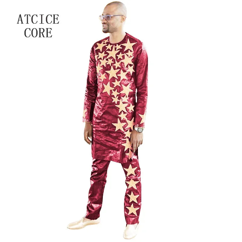 African Dresses For Men Bazin Riche Embroidery Design Dress Men Suit Top With Pants