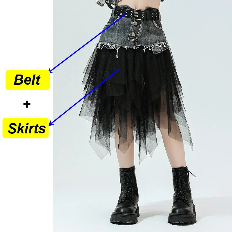 Girls Hip Hop Clothing Denim Sleeveless Jacket Vest Top Street Patchwork Mesh Skirt for Kids Jazz Dance Costume Clothes