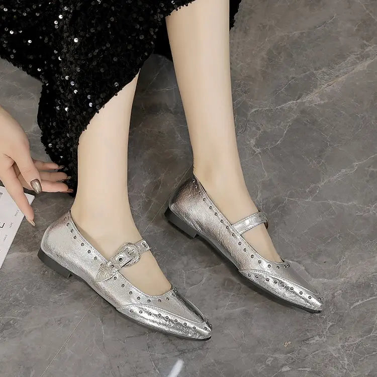 Women's Dance Shoes, Lightweight Punk Rivet Mary Jane Flats, Metallic Pointed Toe Casual Shoes for Festival,Party and Streetwear