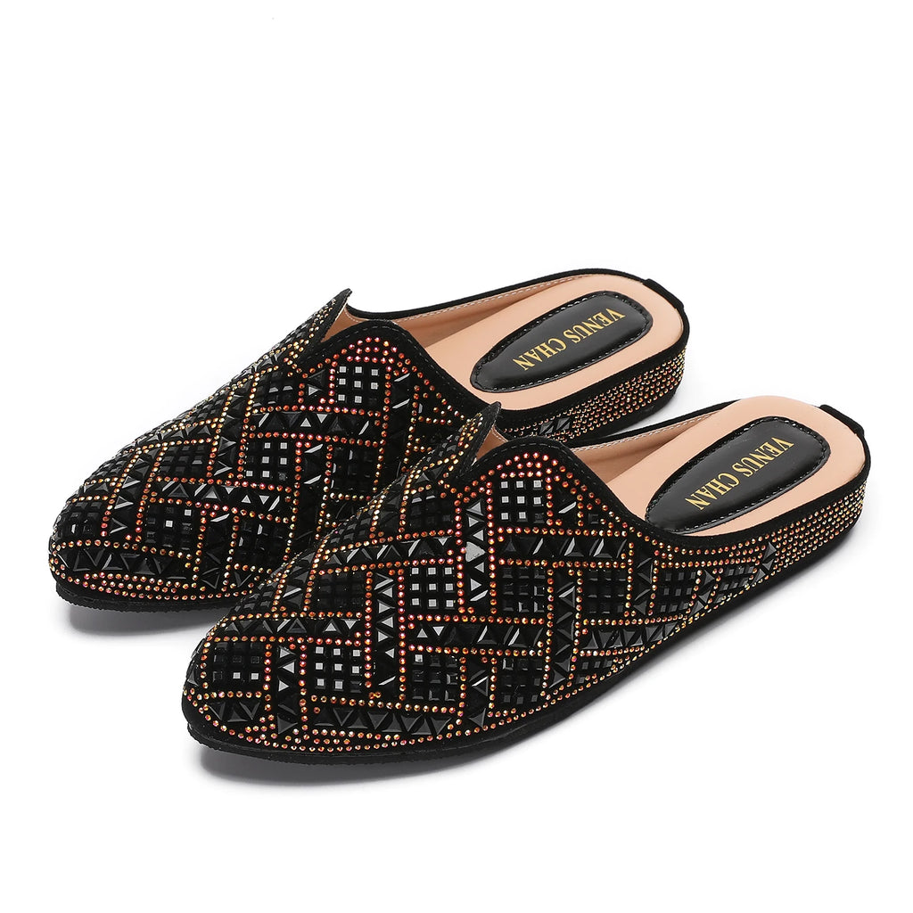 2025 Latest Design Nigeria Silver Color Half Shoes Elegant Flat Shoes for Woman Fashion Comfortable Party Slippers