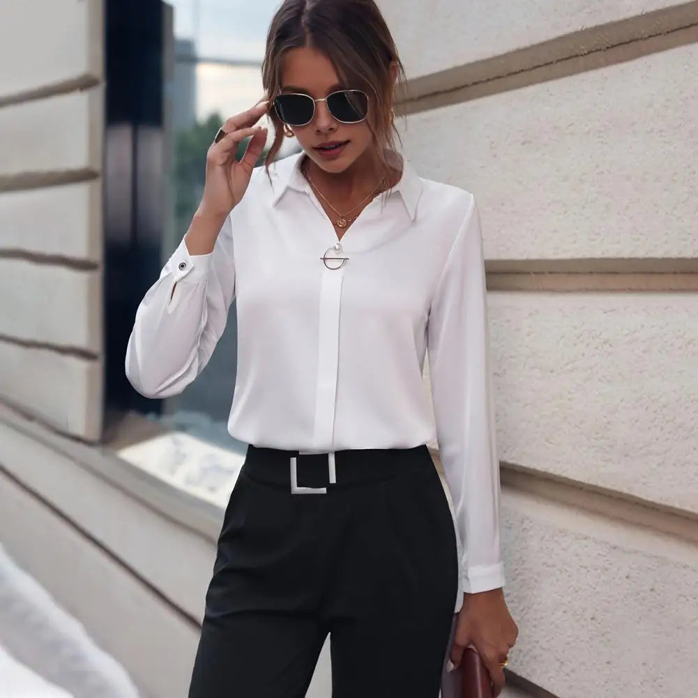 Summer Elegant Women's Blouse New V-neck Long Sleeve Solid Color Loose Shirt Casual White Tops Office Lady Blouses