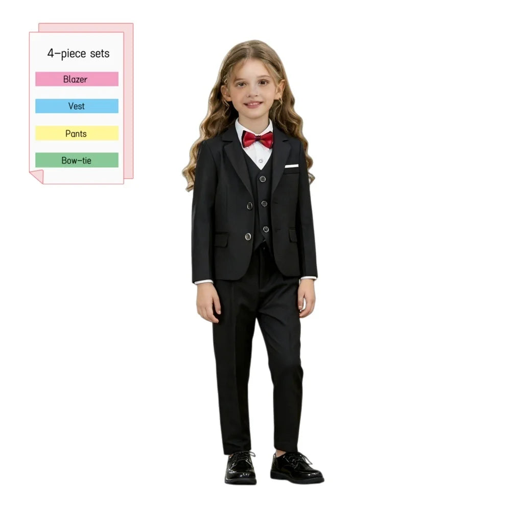 Girls Black 4 Piece Slim Fit Suit Set Jacket Vest Pants Bowtie Classic Elegant Formal Wear For Wedding Performance Prom Ages 2