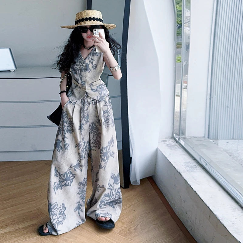 Summer Teenage Girls 2PCS Clothing Sets V-Neck Vest + Wide Leg Pants Fashion Print Cool Suit Streetwear Kids Vintage Tracksuits