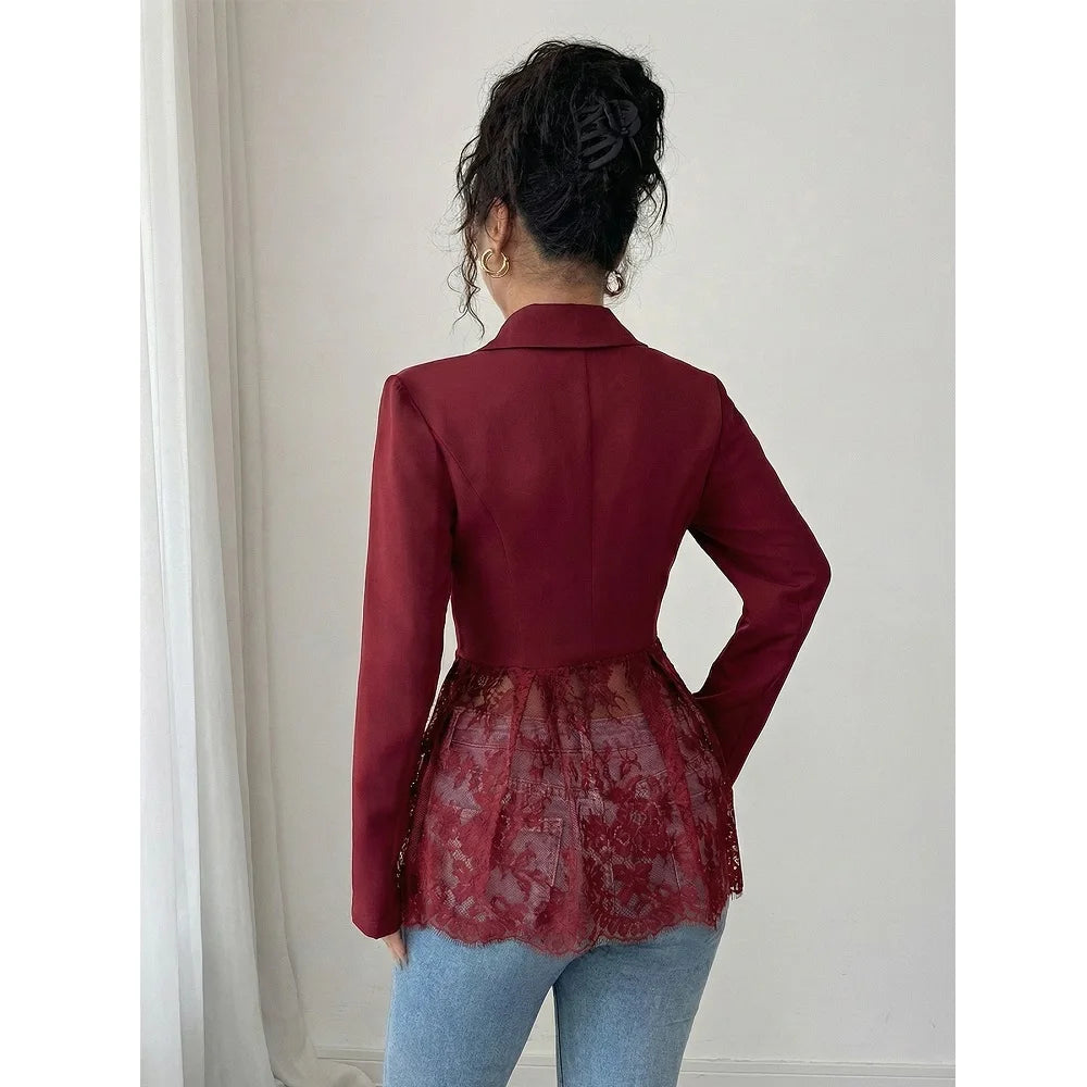 Women Elegant Blazer Suits Ladies Spring Autumn Long Sleeve Single Button Jackets Coats with Lace Hem