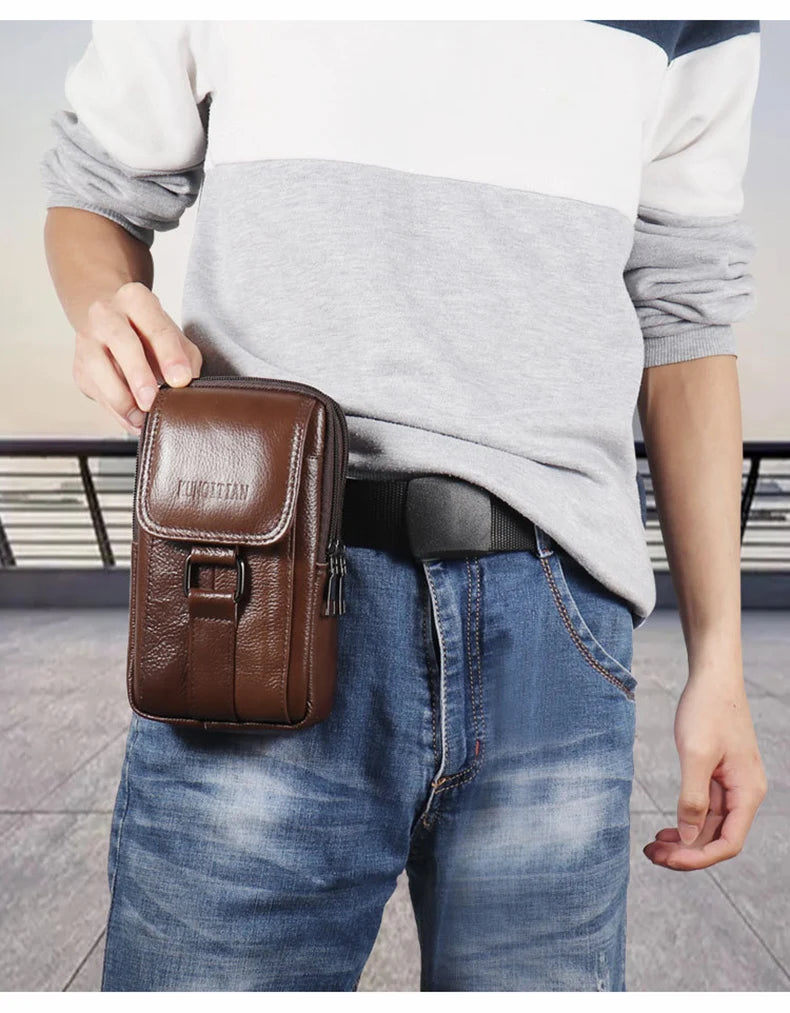 Men's Mobile Phone Waist Bag Outdoor Work Chest Bag PU Cigarette Case Key Chain Wear Belt Backpack Sport Hiking Portable Satchel